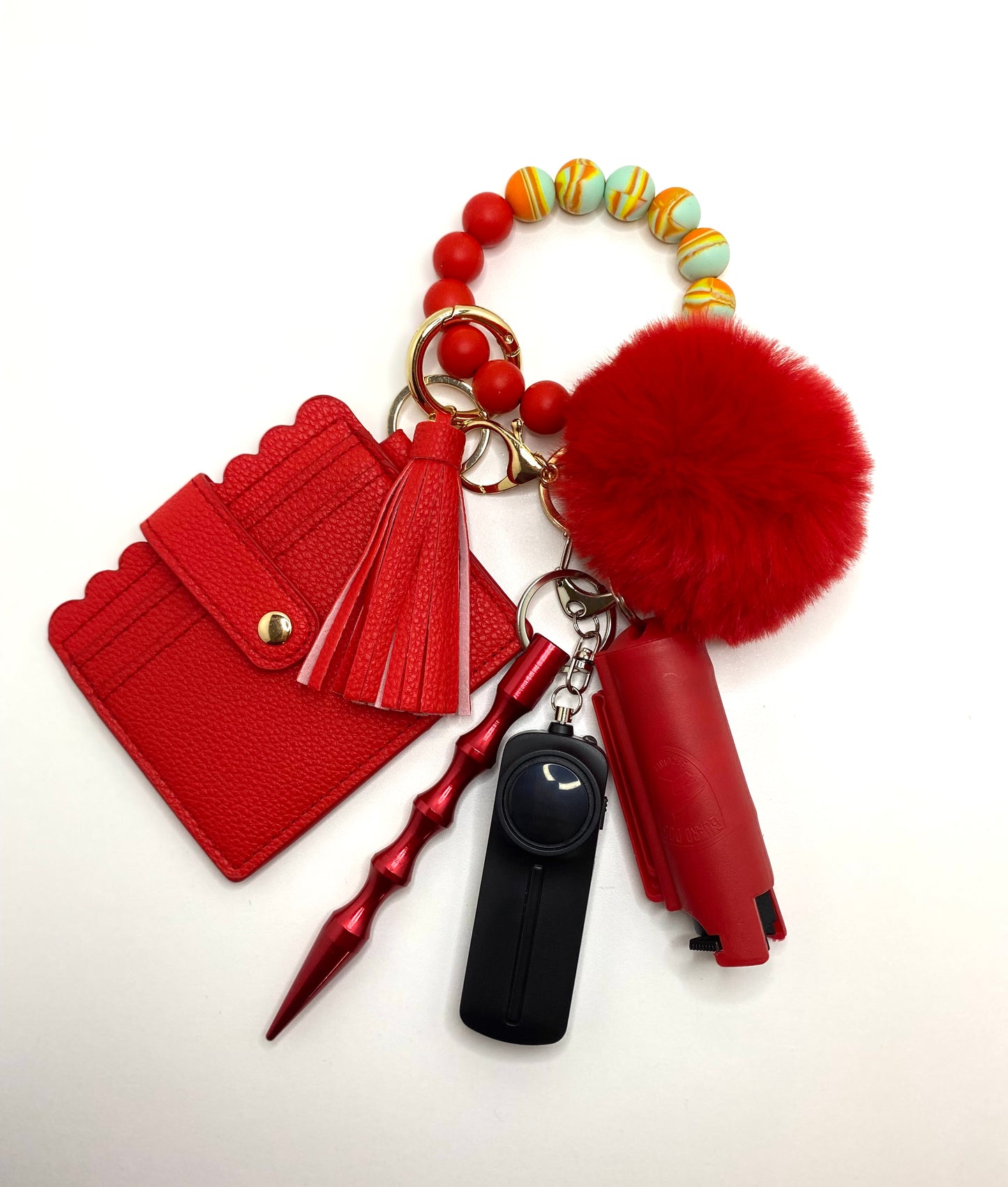 Red Beaded Wristlet Wallet with Self Defense Keychains