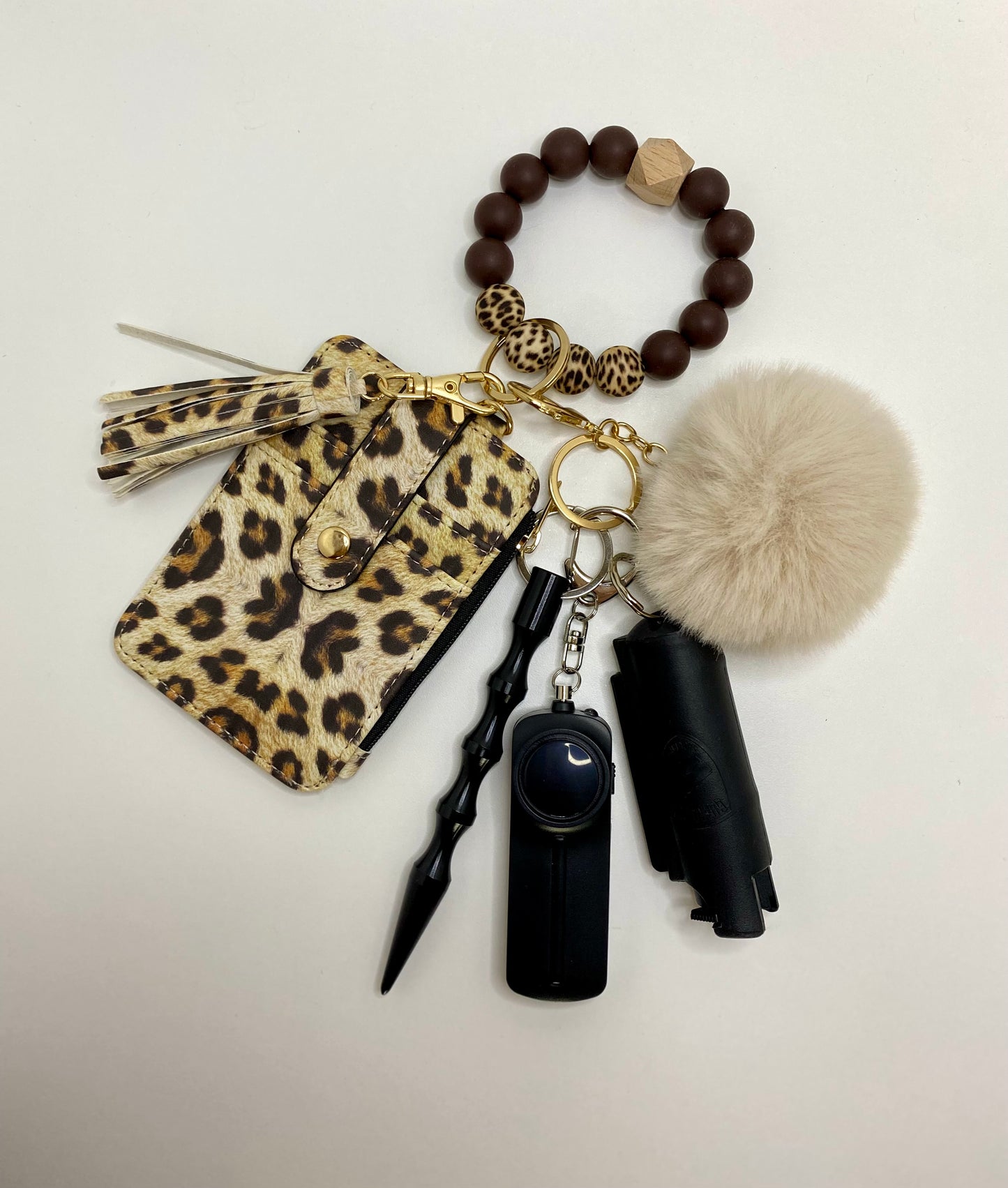 Leopard Print Beaded Wristlet Wallet with Zipper and Self Defense Keychains