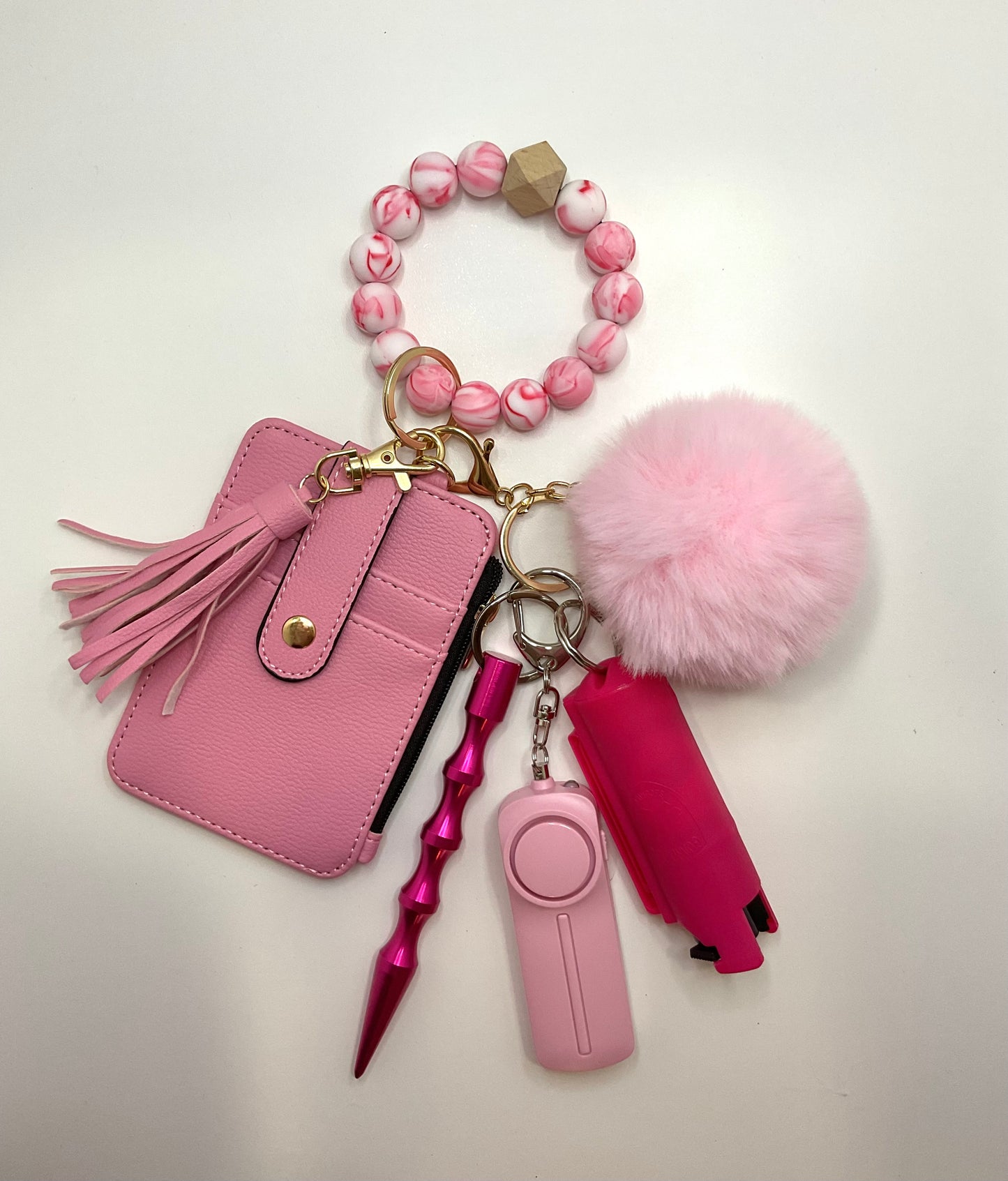 Pink Beaded Wristlet Wallet with Zipper and Self Defense Keychains