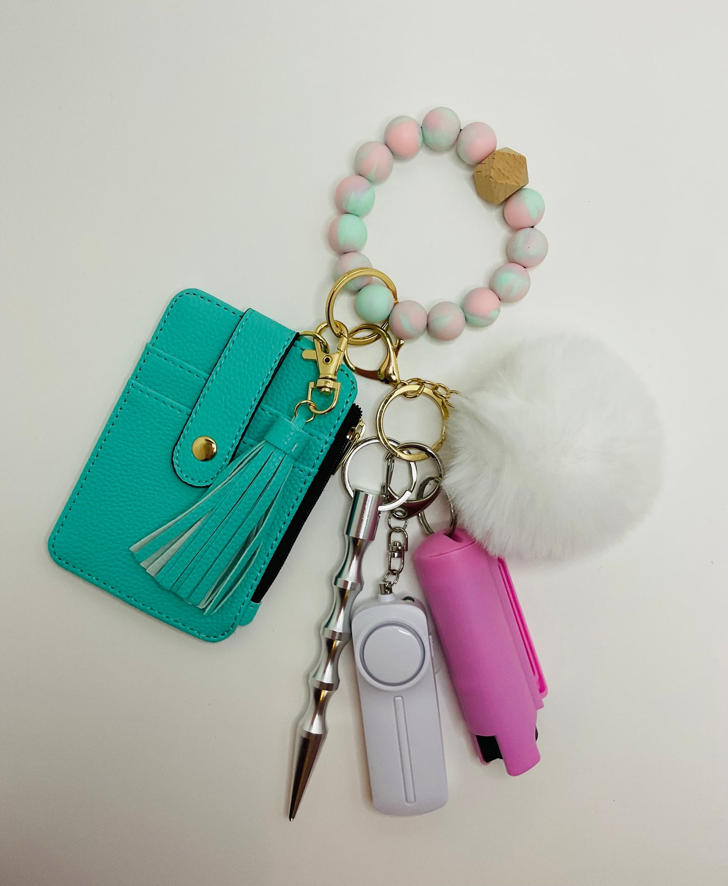 Teal Beaded Wristlet Wallet with Zipper and Self Defense Keychains